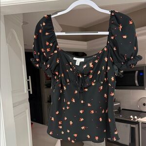 Topshop Black Floral Puff Sleeve Blouse